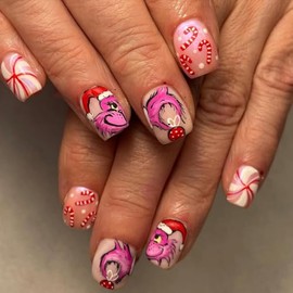 24Pcs Christmas Press on Nails Short Square Fake Nails Cute Cartoon Candy Canes Designs Pink Nails Full Cover Glue on Nails Artificial Reusable Winter Xmas False Nails for Women Acrylic DIY Xmas