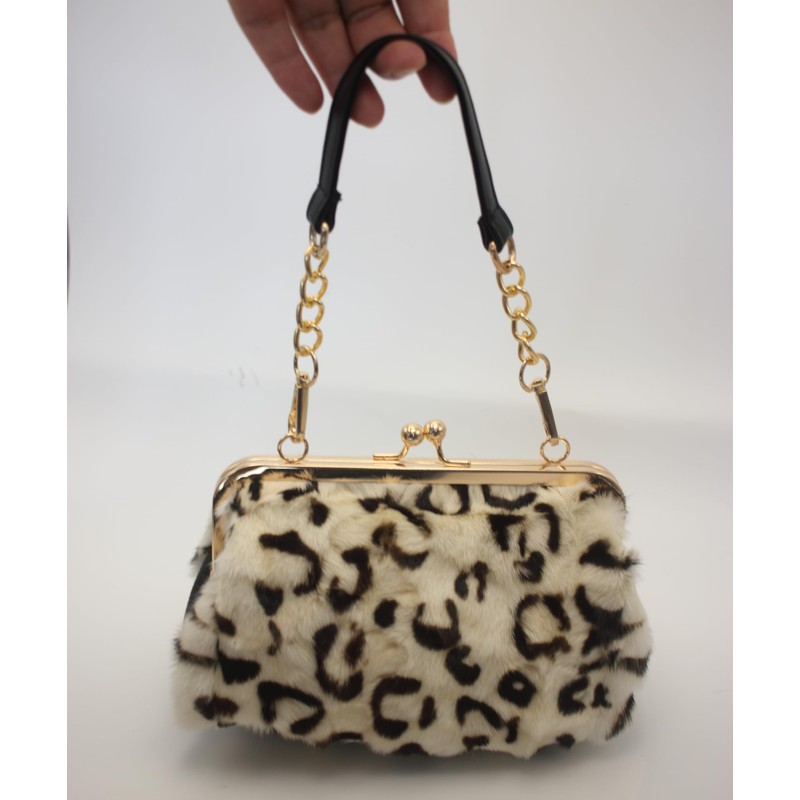 Fosrion Luxurious Leopard-Print Genuine Mink Fur Evening Handbag – Elegant