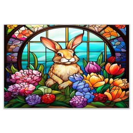 Farmhouse Wall Decoration Wood Signs Stained Glass Easter Bunny Rabbit Custom Wall Art Wood Plaque Sign 12x18 Multicolor Tulips Flowers Floral Wooden Hanging Signs Home Decor for Bathroom Front Porch