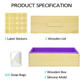 Artcome 42oz Soap Loaf Molds Rectangular Silicone Moulds Wooden Box with Lid, Soap Molds Set with 100pc Bags and 36 Sticker, 2 Sets