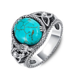 DOLIOX 925 Sterling Silver Real Turquoise Dragon Ring for Men Unique Vintage and Genuine Natural Gemstone Rings Jewelry for Him Husband Size 11