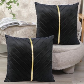 XIEJINJIA Set of 2 Velvet Cushion Cover with Gold Leather Pillowcase Farmhouse Throw Pillow Covers for Garden Couch Sofa Bed Living Room 45x45 cm 18x18 Black