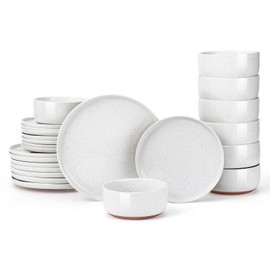 GZG Modern Art Series - 24 Pcs Speckled Stoneware Plates and Bowls Sets, Ceramic Dinnerware Set with Rustic Terracotta Underside, Microwave and Dishwasher Safe Handcrafted Dishes Set - Porcelain White