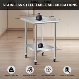 KUARBARR KUARBARR Stainless Steel Table with Wheels Commercial Stainless Kitchen Prep Table, Metal Table for Restaurant Garage Hotel, 24 x 18 Inch
