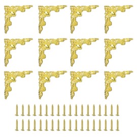 uxcell 12Pcs Vintage Flat Corner Bracket, 2" x 2" Metal Desk Corner Protectors Zinc Alloy Decorative Edge Cover with Mounting Nail for Furniture Jewelry Box Gifts Box, Gold