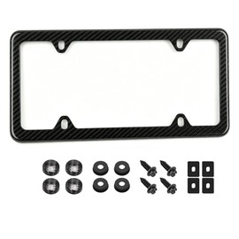 Real Carbon Fiber License Plate Frame – 1 Pack, Handcrafted Carbon Fiber Wrap, Slim Black Stainless Steel Car Tag Cover with Screws, Caps & Rattle Proof Pad, 4-Hole Design