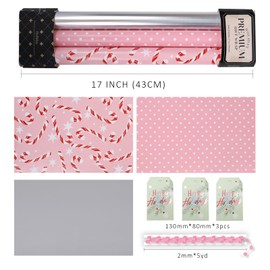 BIOBROWN Christmas Wrapping Paper with Tags and Trim Ribbon - Mini Roll - 17 Inch X 10 Feet (3 Rolls: 42 sq. ft. ttl.) - Pink Designs for Christmas, Party, Holiday