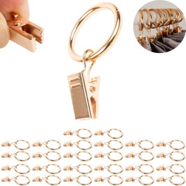 Curtain Clips with Rings, Pack of 30, in Gold Colours, Diameter 25 mm Inner Diameter Curtain Rings, Curtain Rings with Clip Hooks, Curtain Clips with Pull Rings, for 25 mm Thick Curtain Rods