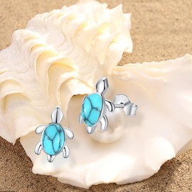 Cuoka 925 Sterling Silver Turquoise Sea Turtle Stud Earrings - Ocean Beach Jewelry for Women and Turtle Lovers