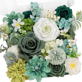TINGE TIME Artificial Flowers Combo Box Set, Sage Green Silk Fake Roses Dahlia with Stems for DIY Bridal Wedding Bouquets Baby Shower Floral Arrangements Centerpiece Table Party Home Decorations