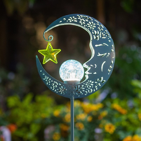 Hapjoy Outdoor Solar Lights Garden Decor for Patio,Lawn or Pathway Moon Decorations Crackle Glass Globe Stake Metal Lights Waterproof Warm LED Garden Gifts (Blue)