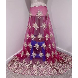 wowfabric4less123 PINK GOLD Border Embroidery BEADED Lace  Fabric 50” Width Sold By Yard