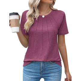 Kistore Tops for Women Casual Spring Classic Fit Pleated Crew Neck Short Sleeve Cotton Tunic T-Shirts Mauve L