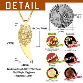 LUTAKU Mens Jewellery Wolf Fang Gold Necklace for Men Boys Unisex Wild Animal Scandinavian Talisman Pendants Stainless Steel Hip Hop Chains for Men (Wolf Fang-G)