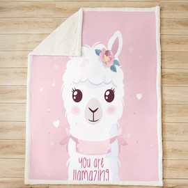 Feelyou Cute Llama Fleece Blanket Gor Kids Girls Cartoon Llama Alpaca Design Sherpa Throw Blanket for Bed Sofa Couch Girly South American Animal Plush Blanket Pink Decor Fuzzy BlanketBaby 30"x40"