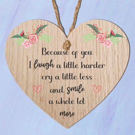 Keepsake Little Gifts for Friends: 'Because of You I Laugh a Little Harder' | Gift for Christmas for a Special Friend | Best Friend Plaque with a Hanging Heart Quote | Thoughtful Friendship