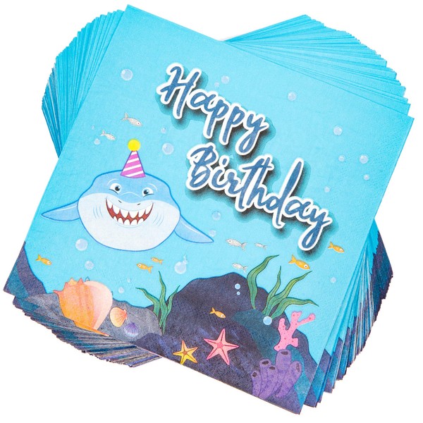 Blue Shark Paper Napkins for Birthday Party (6.5 x 6.5 In, 100 Pack)