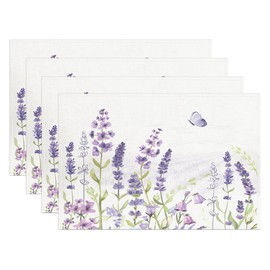 AELUTYSH Purple Lavender Placemats Set of 4 Spring Elegant Flower Butterfly Nature Table Place Mat Non-Slip Heat Resistant Cotton Linen Place Mats for Home Kitchen Dining Table, 12"x18"