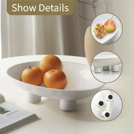 SEICASAYA Three-Legs Ceramic Fruit Bowl, Ceramic Bowl for Kitchen Counter, Large Candy Bowl, Key Bowl for Home Decor Oval Ceramic Bowl White ca