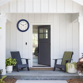 BEW Outdoor Clock for Patio Waterproof with Thermometer, 12 in Small Outdoor Wall Clocks Silent Battery Operated, Retro Indoor Outdoor Clock for Kitchen/Pool/Backyard/Lanai/Fence, Navy