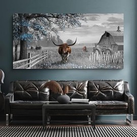 yiijeah Western Home Decor - Cow Picture Rustic Wall Art - 48x24 Inches Longhorn Wall Decor Living Room Bedroom Canvas Framed Artwork Farmhouse Wall Decor