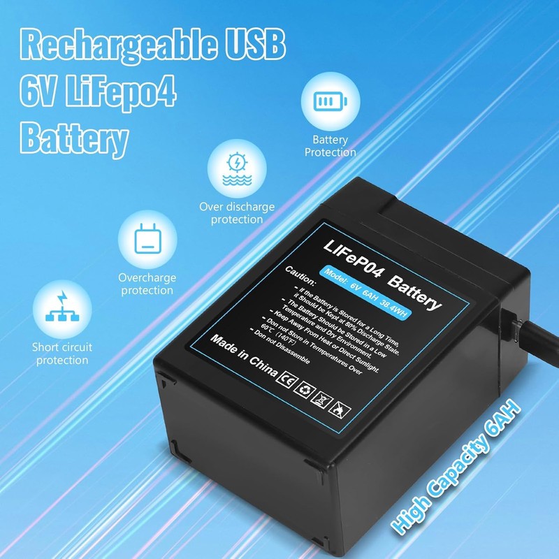 Upgraded Rechargeable 6V 6Ah LiFePO4 Battery with USB Charge Design,