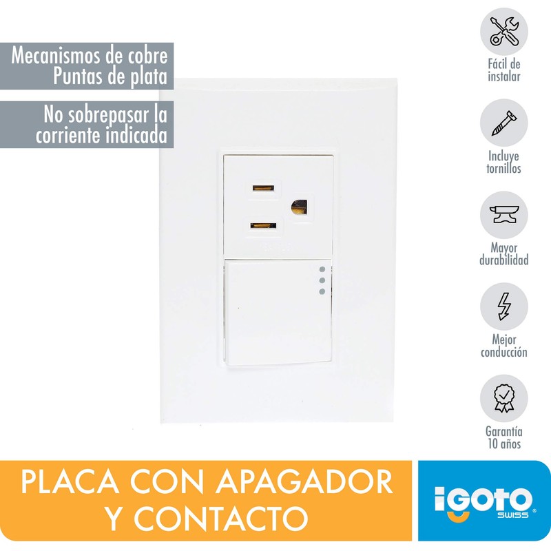 iGOTO PB612-B Placa con apagador y contacto aterrizado, Color blanco