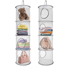 Hanging Mesh Storage, 2Pcs Hanging Toy Storage Net, Foldable Soft Toy Storage ,4 Tier Compartments Foldable Hanging Soft Toy Storage Basket for Cuddly Toys Clothes Sundries 110 x 30cm Grey