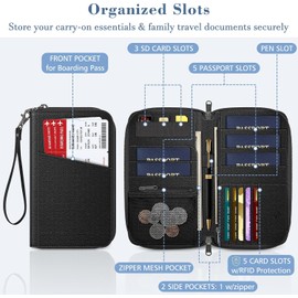 Fintie - portafolios para pasaporte familiar, con bloqueo RFID, organizador de documentos de viaje, bolsa de embrague para tarjetas de crédito, funda para mujeres y hombres, Negro -, Soporte para