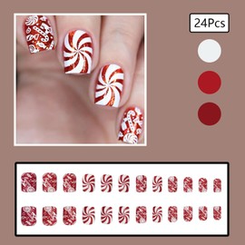 24 Pcs Red Christmas Press on Nails Short Square Fake Nails with Nail Glue Christmas False Nails with Candy Cane Pattern Design Winter Press on Nails Artificial Stick on Nails for Women Xmas Nails