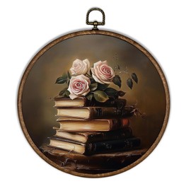 XBBMGG Vintage Book Floral Wall Art Decor, Library Book Club Gifts Round Wall Hanging Decor, Dark Academia Bookish Framed Canvas Prints for Reading Room Dorm Classroom Nursery Decorations, 10x10inch