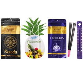 Hashcart Premium Incense Sticks Set of 3 Includes 240+ Sticks Fragrances, 110g Each, Kewda, Phalamrutha, Firdaus with 1 Assorted Incense Stick Holder, Natural & with 45-50 Min Burn time