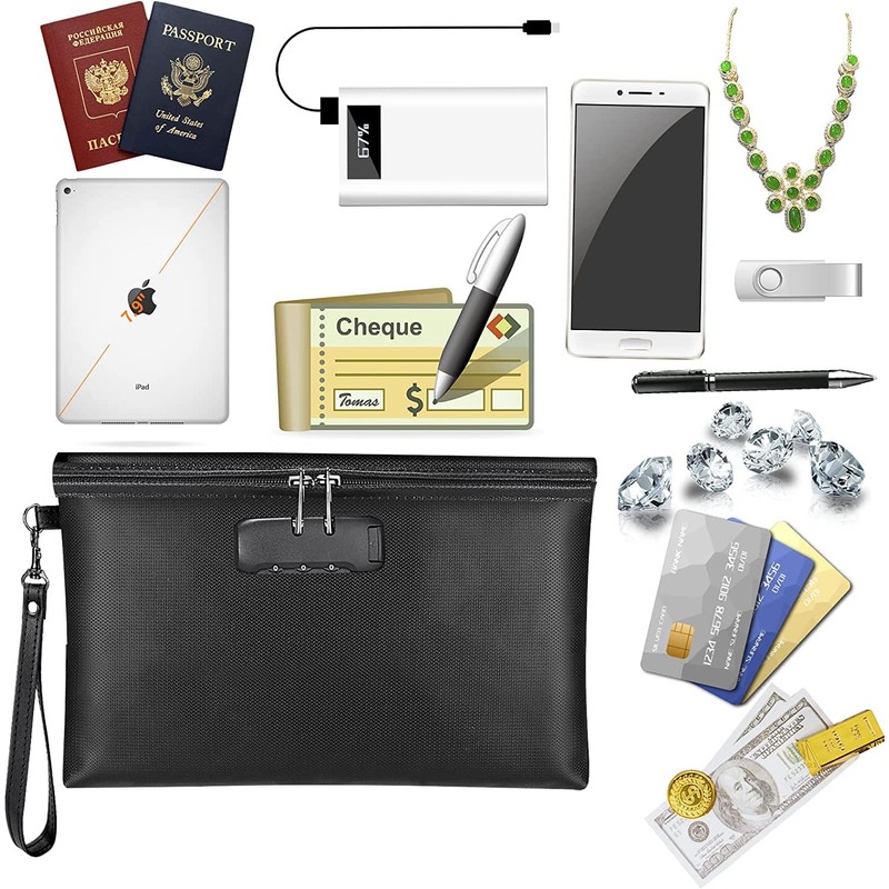 Fireproof Document Bag with Lock, 25*17cm Fireproof Waterproof Money Bag