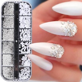 ITPOYOL Nail Art Pearls Flatback Rhinestones Nail Charms and Gems Metal Silver Gold Bronze Beads Luxurious Design Half Round White Pearls Jewelry Accessories for Women Manicure Supplies Decorations