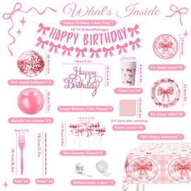 DESKSA Pink Bow Birthday Decorations for Women, Girls Coquette Birthday Decoration, Pink Bows Themed Party Decorations, Bow Plates and Napkins Party Supplies