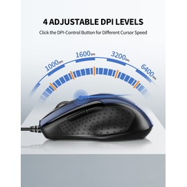 TECKNET Maus mit Kabel, Optical Business Mouse Verdrahtete Ergonomische Maus mit 6 Tasten, 2 Verstellbare DPI Level, USB-Kabel 150 cm