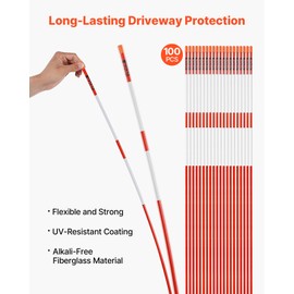 VEVOR Driveway Markers, 100Pcs 72 in Long 5/16 in Dia, Hi-Visibility Driveway Reflectors with 12 in Steel Drill Bits, Reflective Snow Sticks Fiberglass Pole for Parking Lots, Walkways, Snow Plowing