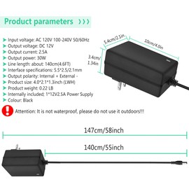 12V 2.5A Wall Power Supply 100-240V AC to DC 12 Volt 2.5Amp 2A 1.5A 1A Power Supply Transformer 12V 2000mA Power Adapter for CCTV Security Camera LED Strip Lights