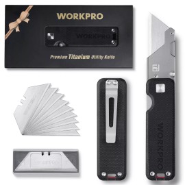 WORKPRO Premium Titanium Utility Knife, CNC Unibody Black/Gray w/10 Extra Blades - Black-G-10 Handle