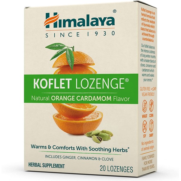Himalaya Koflet Lozenges, Orange Cardamom Flavor, Natural Herbal Cough Drop for Warming Relief and Soothing Throat Comfort, 130 mg, 20 Count