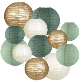 CC wonderland zone 12pcs Sage Green Gold Paper Lanterns,Hanging Paper Lanterns for Bridal Enchanted Forest Shower Rustic Neutral Boho Birthday Wedding Home Decor Party Decoration