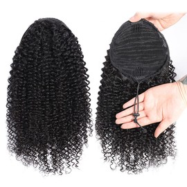Curly Human Hair Ponytail Weave with Wrap Drawstring 3C Brazilian Hair Natural Color Afro Kinky Curly Hair Piece Clip-in Extensions (12")