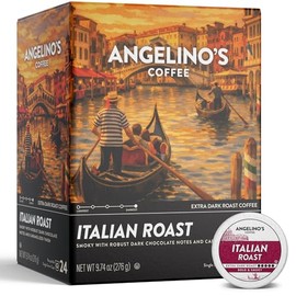 Angelino's Coffee Italian Roast Coffee Pods, 24 Count – Extra Dark Roast Single Serve K Cup Compatible for Keurig – Smoky, Bold & Rich with Dark Chocolate Notes and Caramelized Finish
