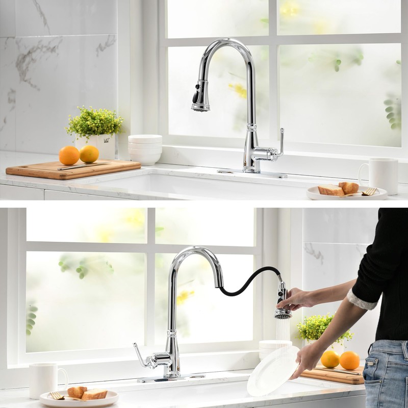 Lavatrum Kitchen Faucet with Pull Down Sprayer, 17 inch Polished