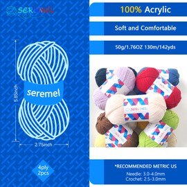 seremel Acrylic Yarn - 2PCS 1.76oz 4-Strand 142yds Crochet Yarn for Crocheting and Knitting DIY Handmade Products (Royal Blue)