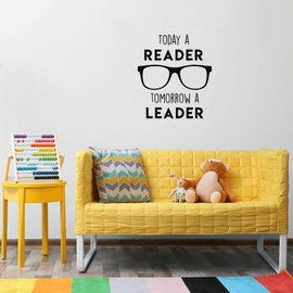 Vinyl Wall Art Decal - Today A Reader, Tomorrow A Leader - 25" x 22" - Trendy Motivational Optimistic Glasses Design Quote Sticker for Books Lovers Library Classroom Playroom Kids Room Decor (Black)