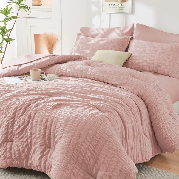 HYMOKEGE Rose Gold Full Size Comforter Sets Seersucker 7 Pieces,