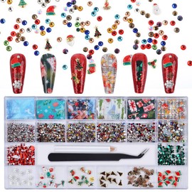 MEILINDS Christmas Nail Art Rhinestones Christmas Nail Art Charms Nail Foil Sequins 3D Reindeer Socks Bell Christmas Tree for Nails Art Gems Metal Alloy DIY Craft Decoration with Wax Pen & Tweezer