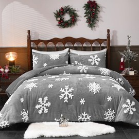 ASPMIZ 3 Piece Christmas King Size Comforter Set, Fluffy Snowflake Jacquard King Comforters, Winter Cozy Quilt Bedding Set, 1 Comforter 104 x 90 & 2 Pillowcases, Christmas Bedding Decoration, Grey