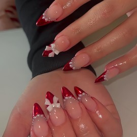 Medium Press on Nails Almond Fake Nails French False Nails Red Artificial Nails with White Bow Designs Stick on Nails for Women 24pcs